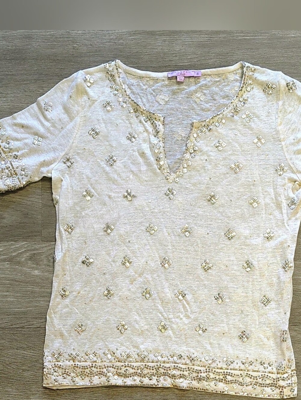 Calypso St. Barth Cream 100% Soft Woven Linen Gold Silver Beaded Short Slv Top S